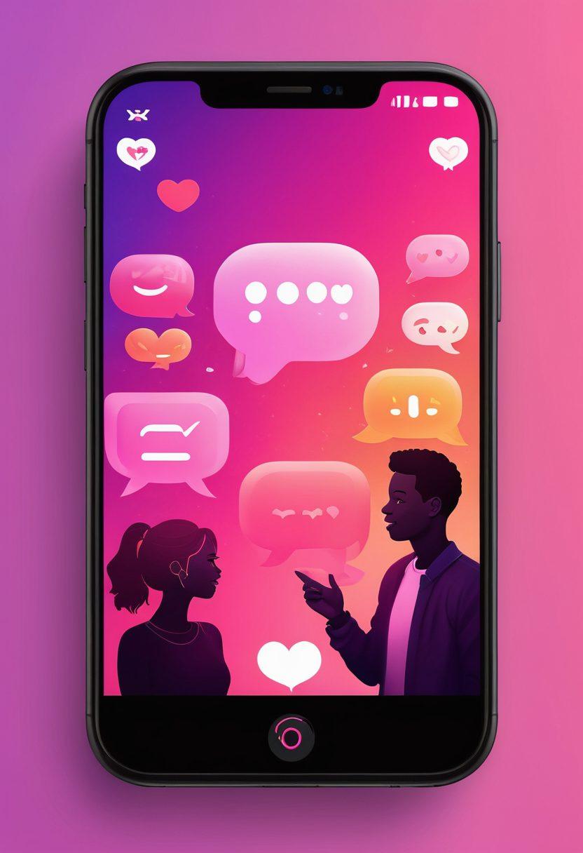 A lively, modern chat interface filled with colorful emojis and flirtatious text bubbles, crafted with soft lighting to evoke a playful atmosphere. Include silhouettes of diverse people engaging in digital conversations, symbolizing inclusivity and excitement. The background should be a soft gradient of pink and purple, suggesting a fun, adult-themed vibe. Incorporate subtle symbols of communication like chat icons and hearts. vibrant colors. super-realistic.