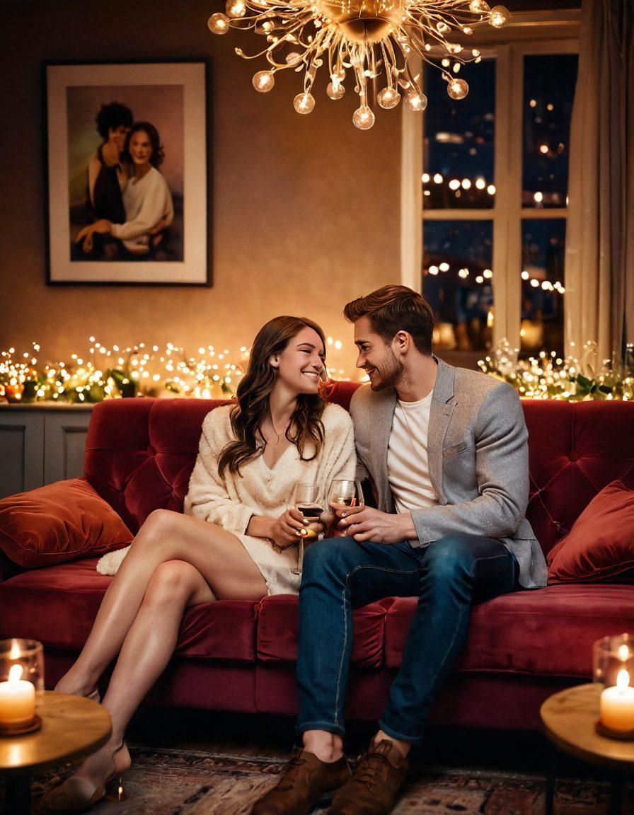 A cozy, dimly lit room with a couple sitting on a plush sofa, leaning closer with flirtatious smiles, surrounded by shimmering sparkles representing chemistry. Soft shadows enhance a warm atmosphere, with subtle hints of romantic elements like candles and wine glasses. Text bubbles appear in the air, conveying playful and intimate conversation. The scene invites a sense of connection and intimacy. super-realistic. warm colors. soft focus.