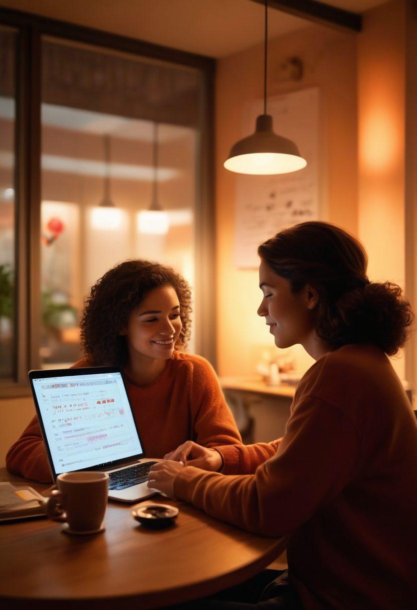 A dimly lit, intimate setting featuring a couple engaging in a flirtatious digital conversation, with glowing screens illuminating their expressions of excitement. Subtle visuals of heart emojis and enticing messages float between them, symbolizing the dynamics of online romance. Include soft, warm colors to evoke a cozy atmosphere and elements like a cup of coffee and a notebook to signify communication. super-realistic. warm colors. intimate background.